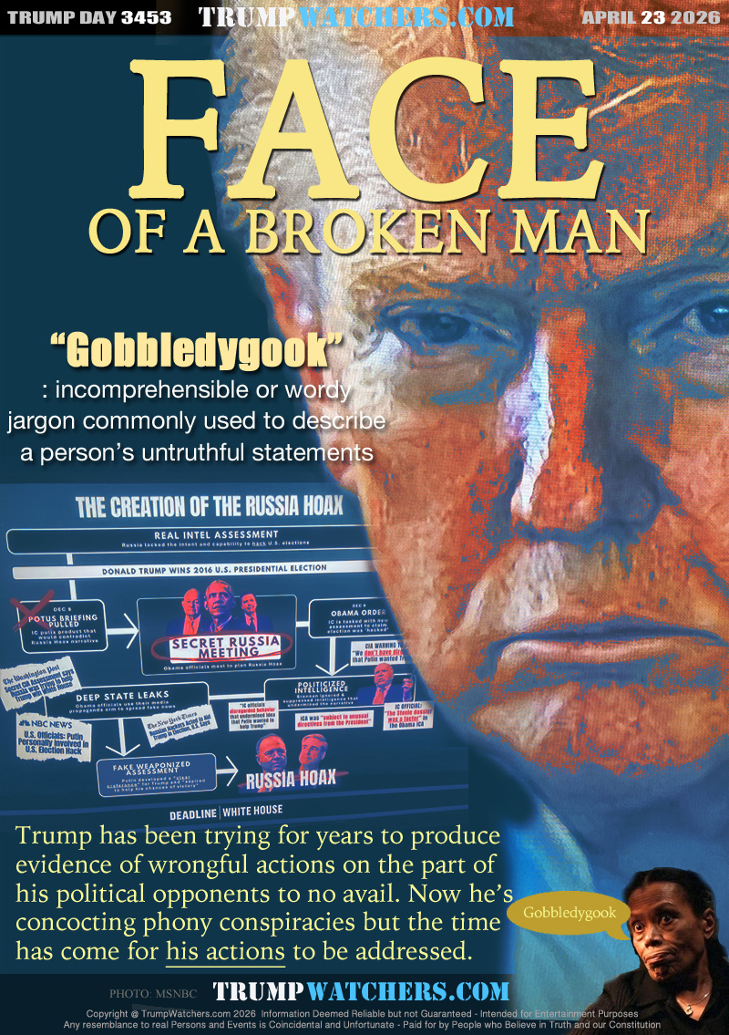 “Gobbledygook”
: incomprehensible or wordy
jargon commonly used to describe
a person speaking untruths

Trump has been trying for years to produce
evidence of wrongful actions on the part of
his political opponents at no avail. Now he’s
concocting phony conspiracies but the time
has come for his actions to be addressed.

“Gobbledygook” ;Louise the house maid in Being There (stage actress Ruth Attawa)